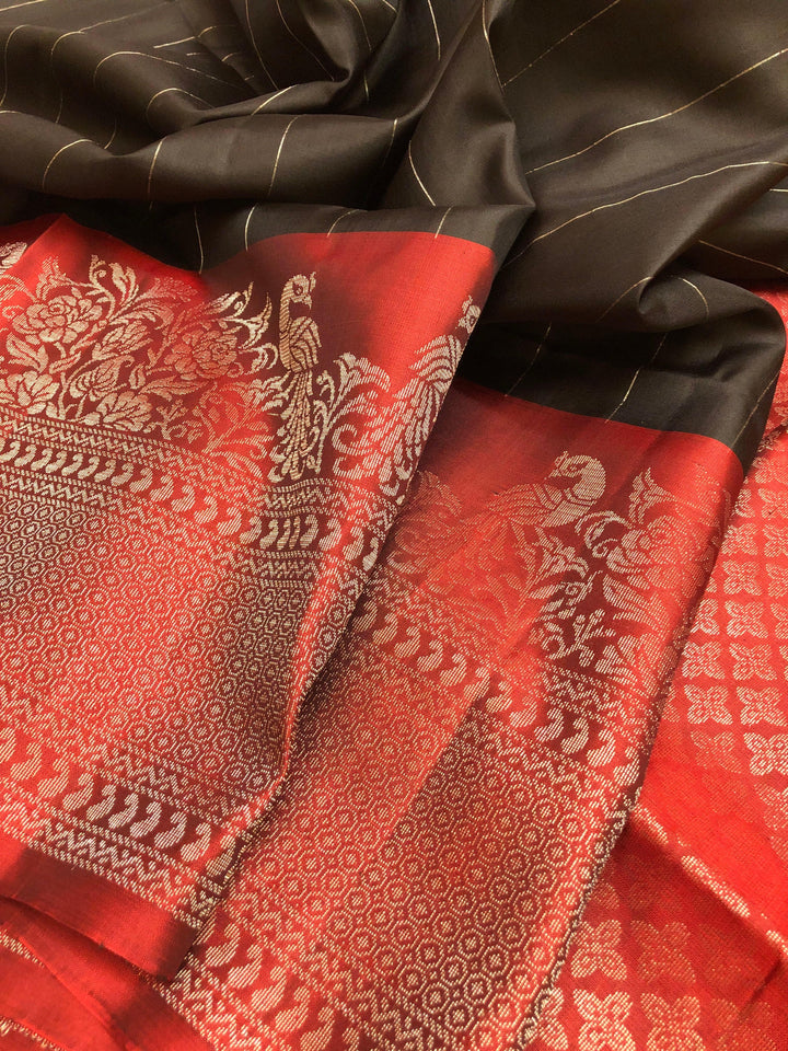 Dark Black and Red Color Soft Kanchipuram Silk Saree with Zari Stripes