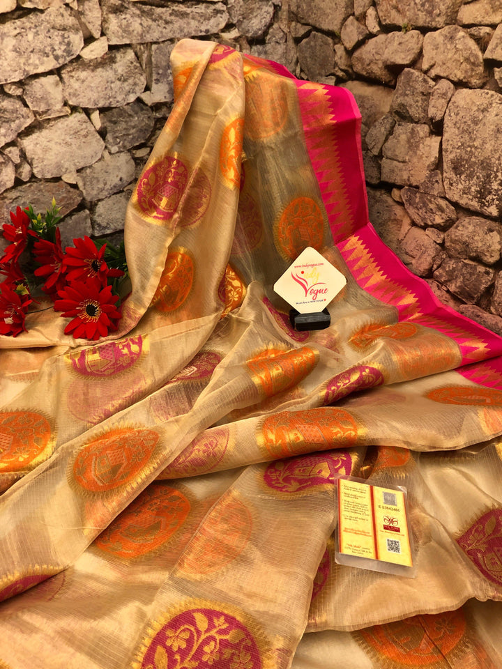 Dark Caramel Cream Color Pure Tissue Banarasi Saree