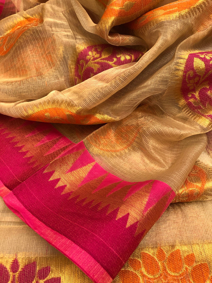 Dark Caramel Cream Color Pure Tissue Banarasi Saree