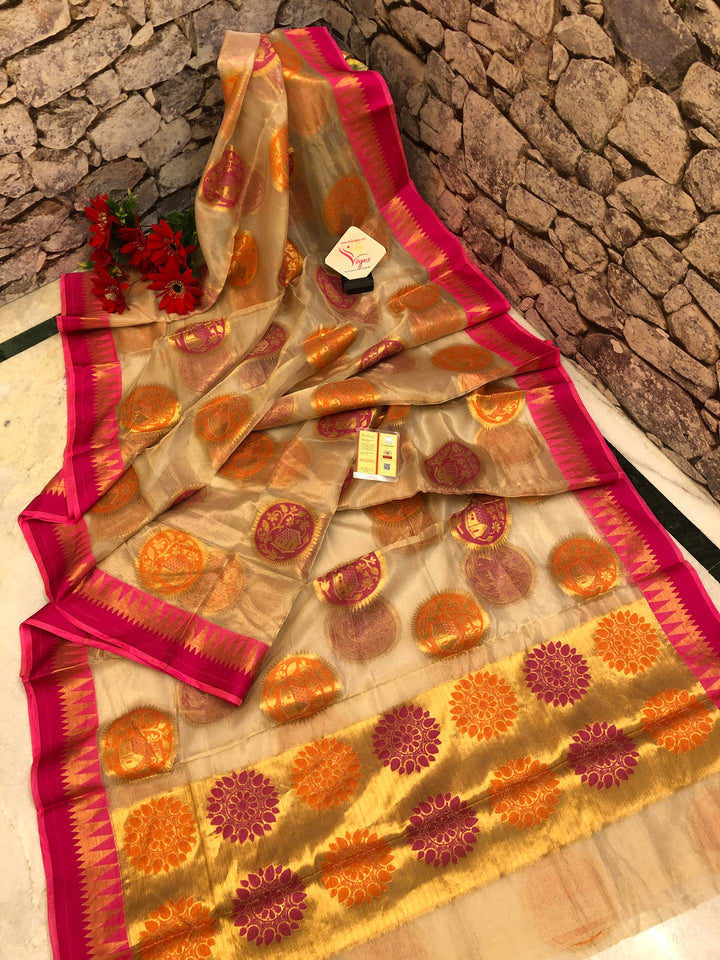 Dark Caramel Cream Color Pure Tissue Banarasi Saree