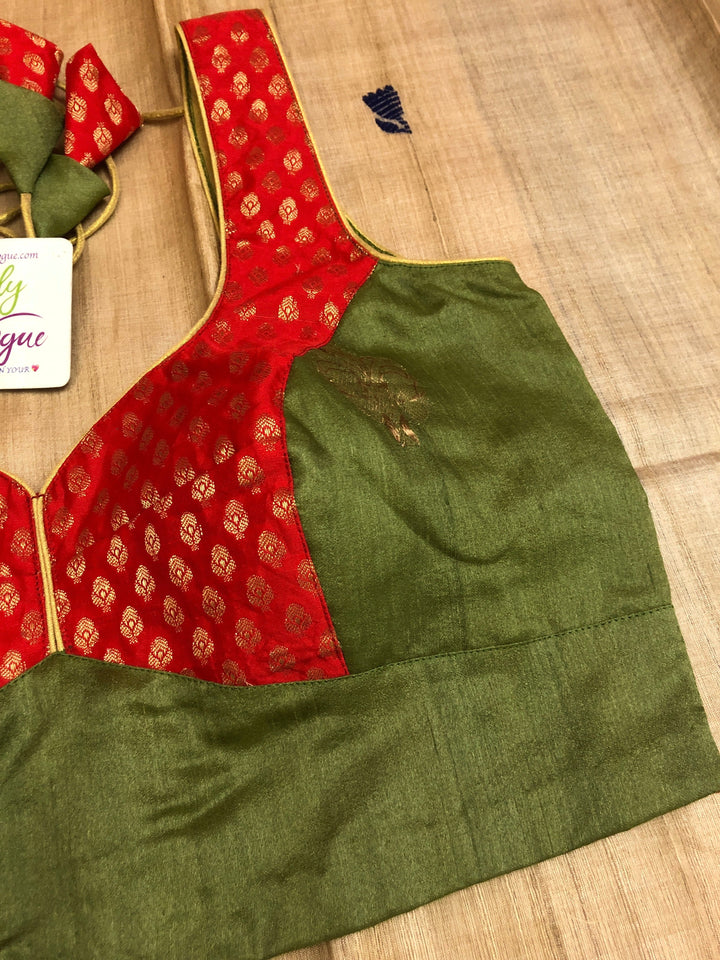 Dark Cardamom Green Color Sleeveless Designer Tussar Banarasi Blouse