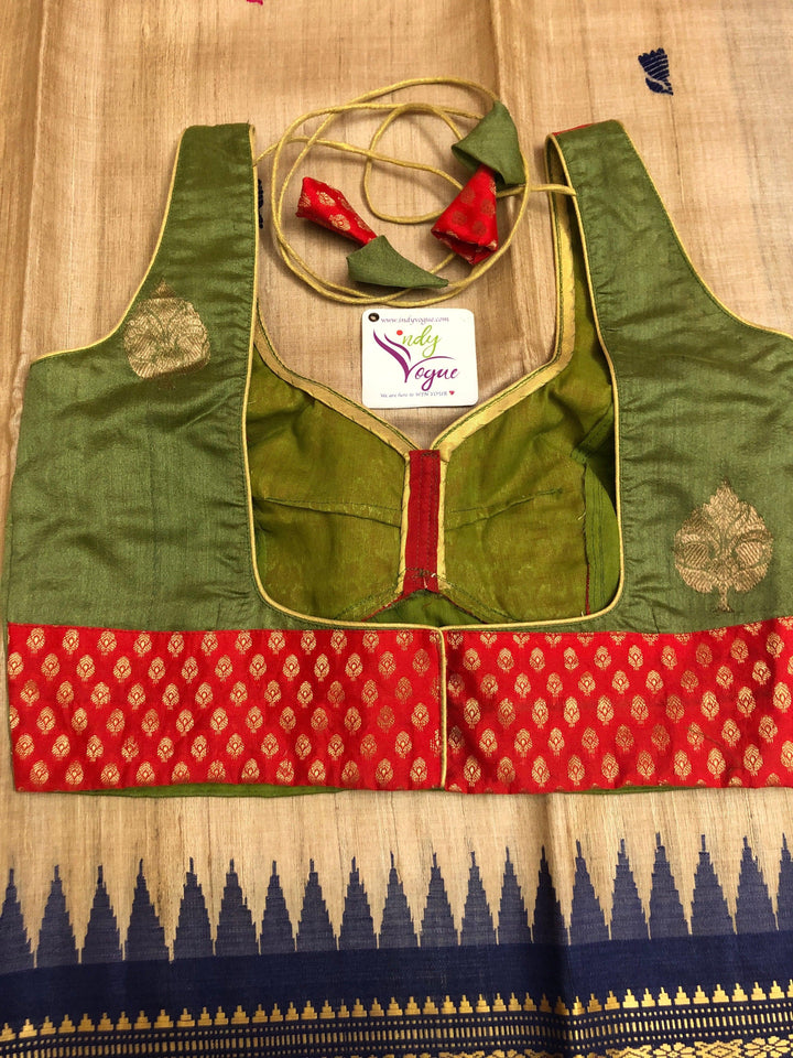 Dark Cardamom Green Color Sleeveless Designer Tussar Banarasi Blouse