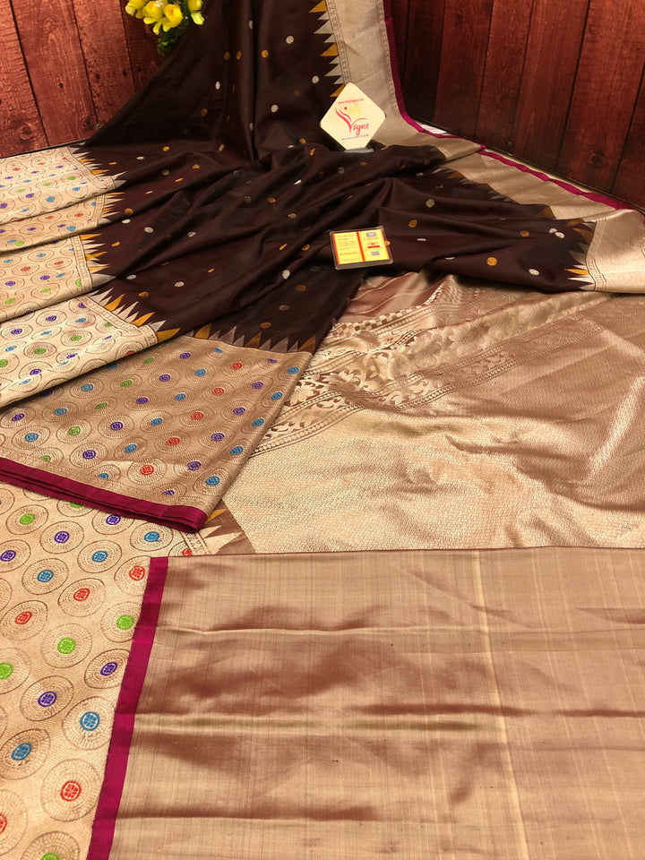 Dark Coffee Color Pure Gadwal Silk with Meenakari Border and Golden & Silver Zari Work