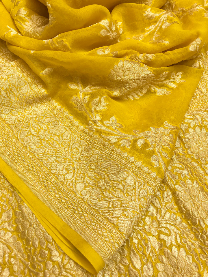 Dark Corn Yellow Color Khaddi Georgette Banarasi Saree