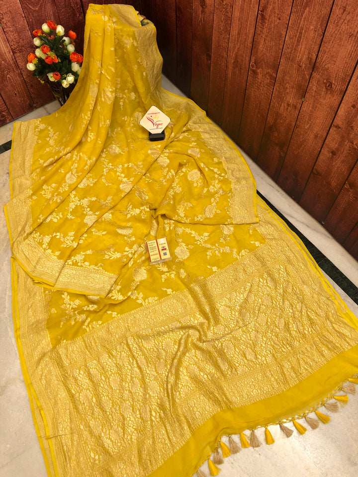 Dark Corn Yellow Color Khaddi Georgette Banarasi Saree