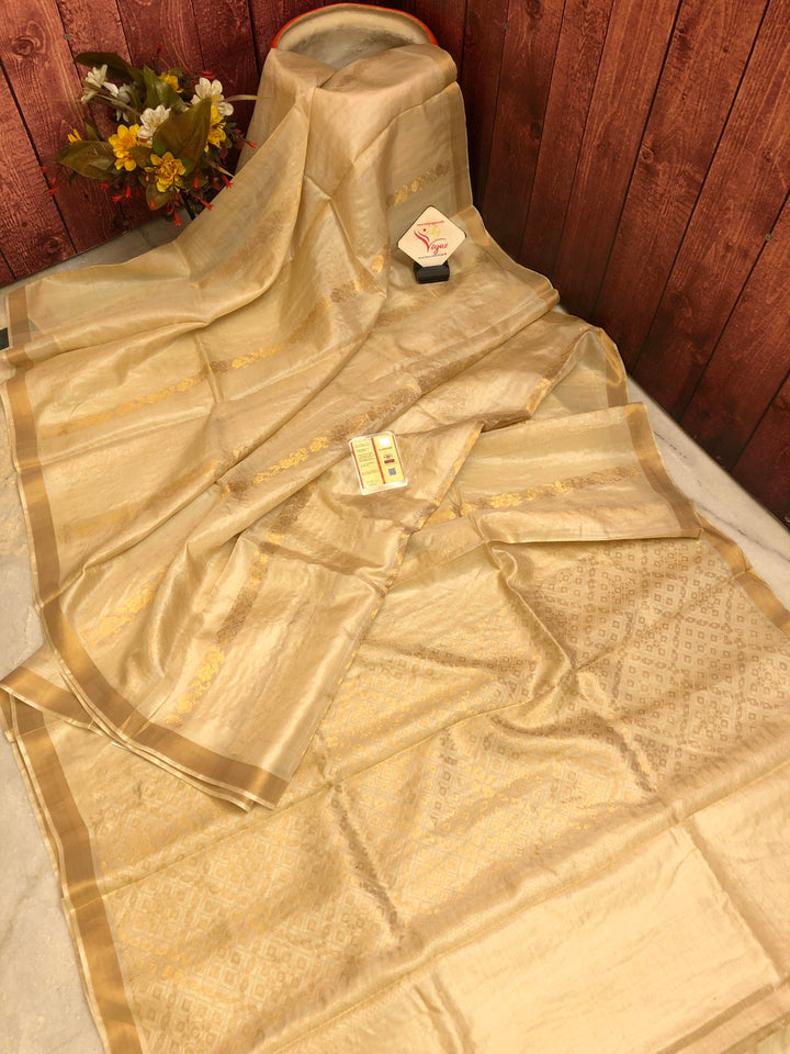 Dark Cream Color Pure Tussar Silk Saree with Zari Stripe Work