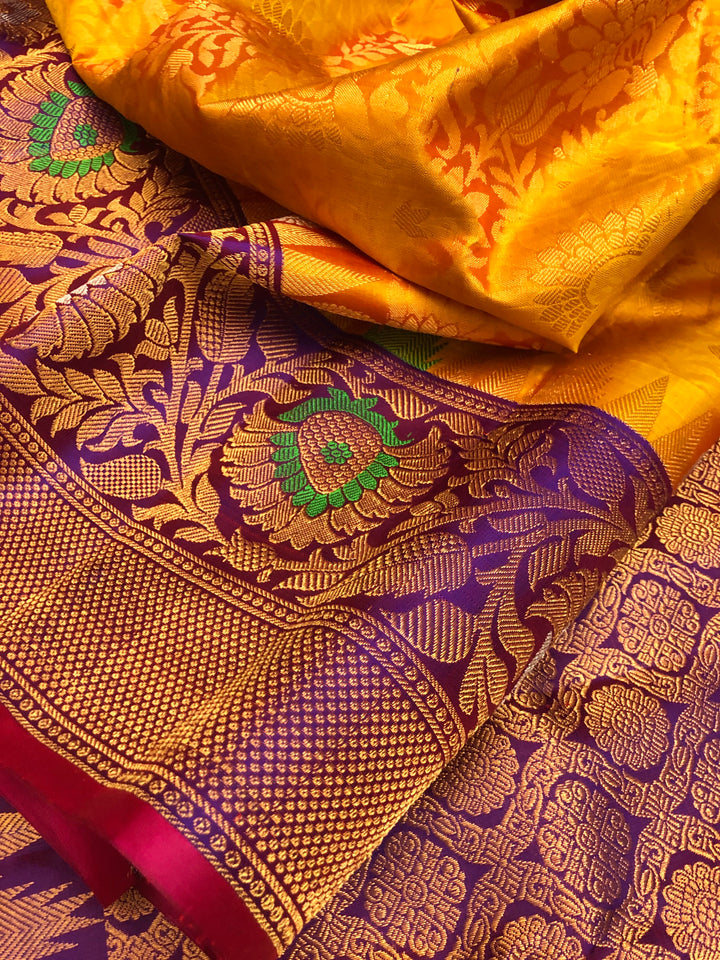 Dark Golden Honey Mustard Color Pure Brocade Gadwal Silk Saree with Meenakari Work