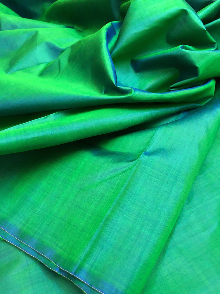 Dark Green and Blue Dual Tone Color Bishnupur Silk Saree with Kalamkari Blouse