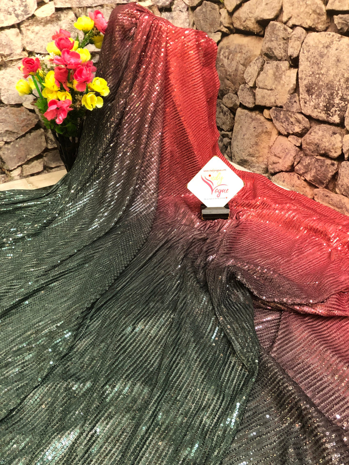 Dark Green and Cranberry Red Color Designer Net Saree with Sequin Weaving