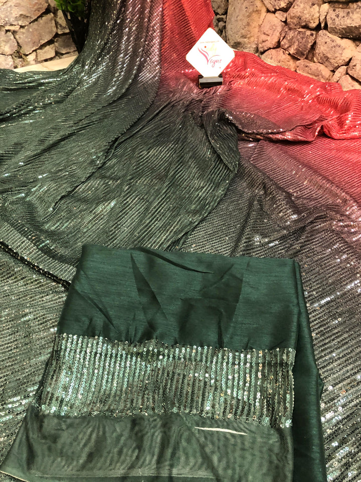 Dark Green and Cranberry Red Color Designer Net Saree with Sequin Weaving
