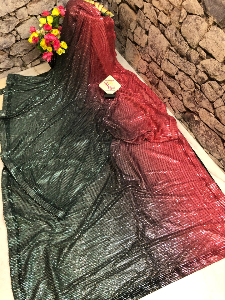 Dark Green and Cranberry Red Color Designer Net Saree with Sequin Weaving
