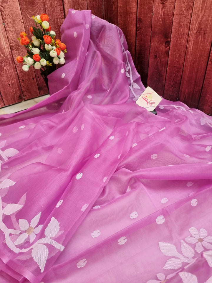 Dark Lavender Color Muslin Jamdani Saree with Brocade Blouse Piece