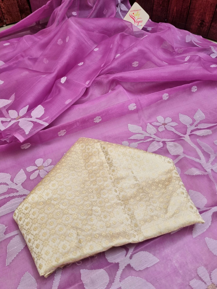 Dark Lavender Color Muslin Jamdani Saree with Brocade Blouse Piece