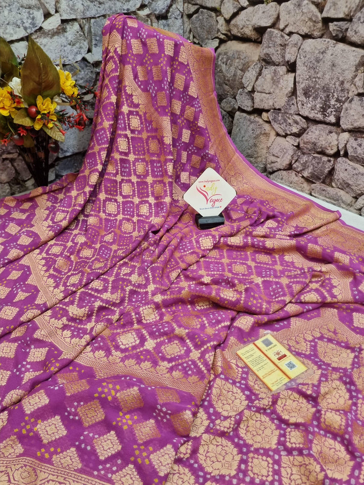 Dark Lavender Color Pure Khaddi Georgette Banarasi with Hand Bandhej