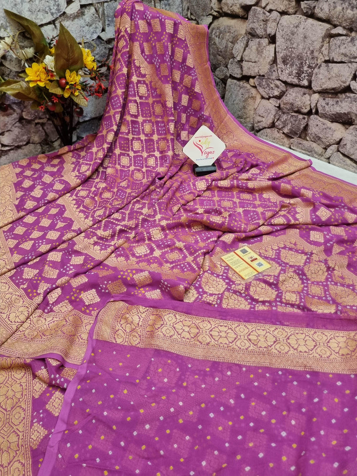 Dark Lavender Color Pure Khaddi Georgette Banarasi with Hand Bandhej