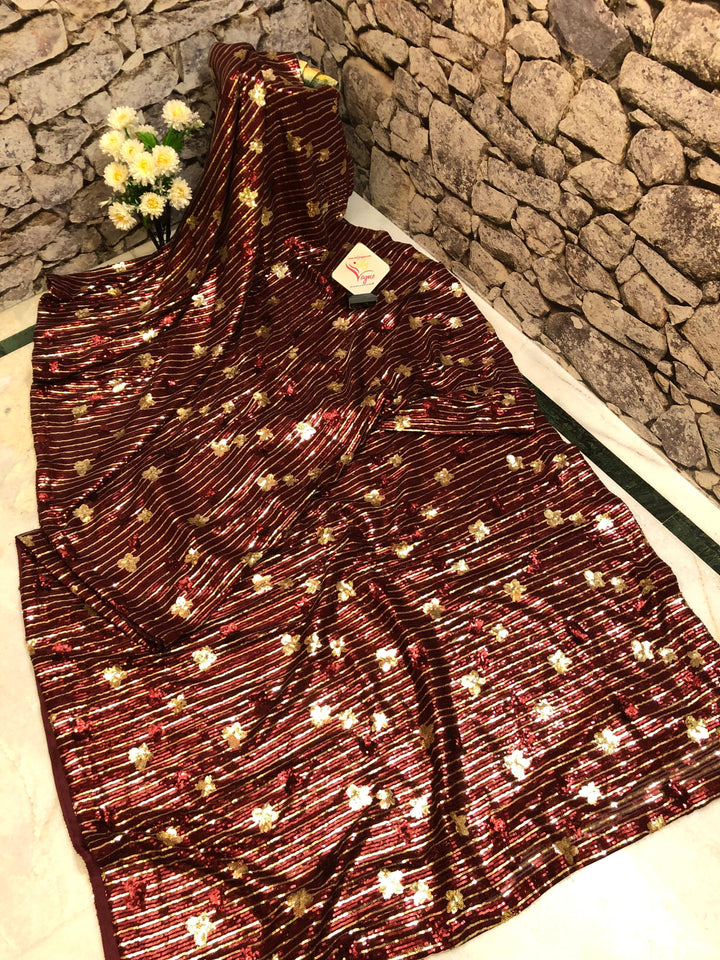 Dark Maroon Color Designer Net Saree with Allover Sequin Weaving