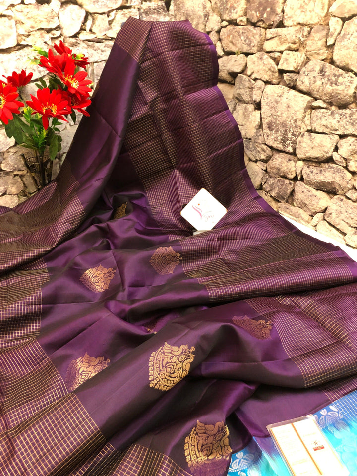 Dark Purple and Turquoise Blue Color Pure Kanchipuram Soft Silk Saree