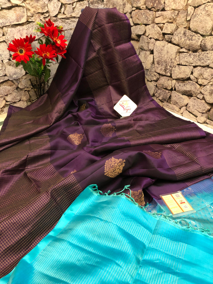 Dark Purple and Turquoise Blue Color Pure Kanchipuram Soft Silk Saree