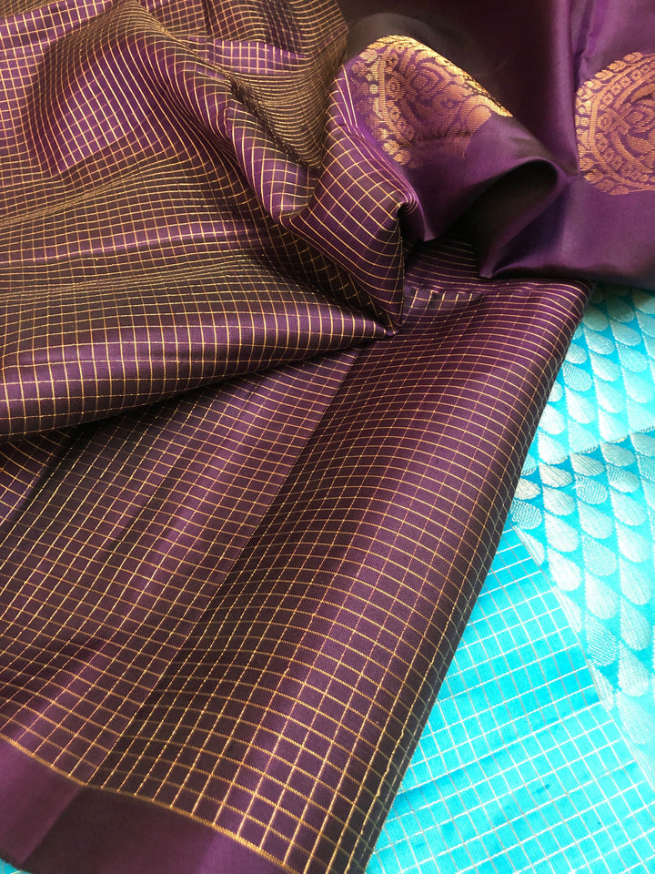 Dark Purple and Turquoise Blue Color Pure Kanchipuram Soft Silk Saree