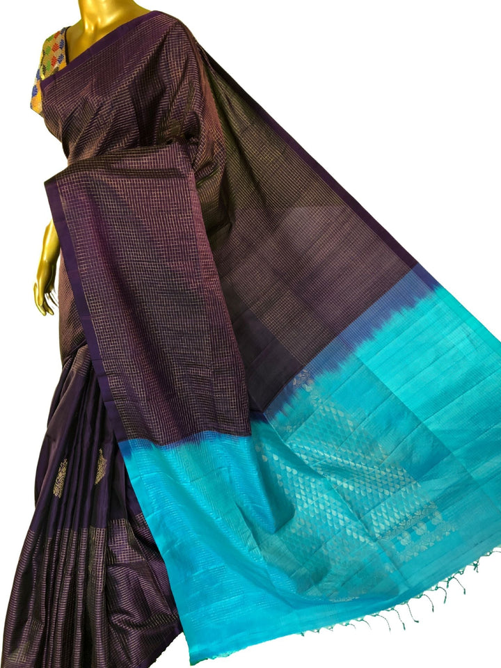 Dark Purple and Turquoise Blue Color Pure Kanchipuram Soft Silk Saree