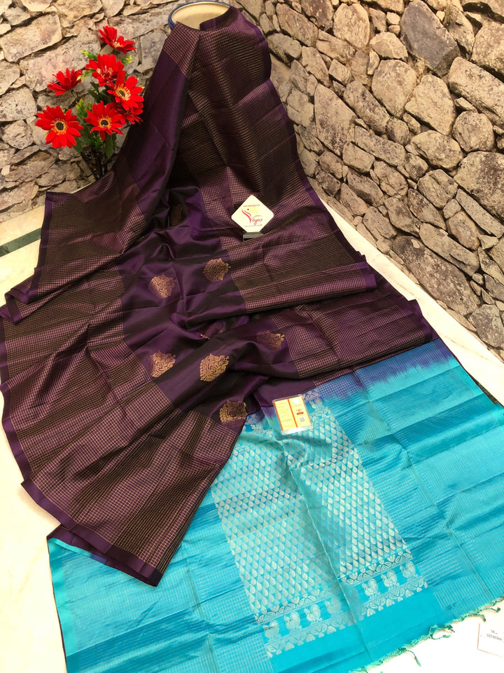 Dark Purple and Turquoise Blue Color Pure Kanchipuram Soft Silk Saree