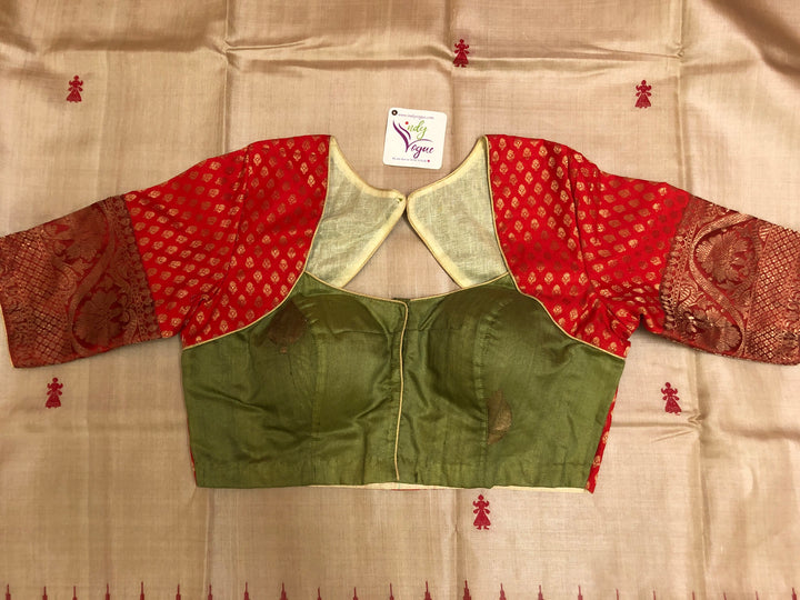 Dark Red and Green Color Designer Tussar Blouse with Chanderi Work