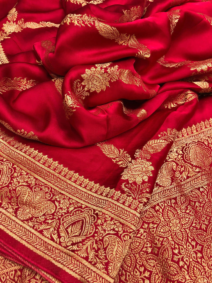 Dark Vermillion Red Color Satin Silk Banarasi Saree