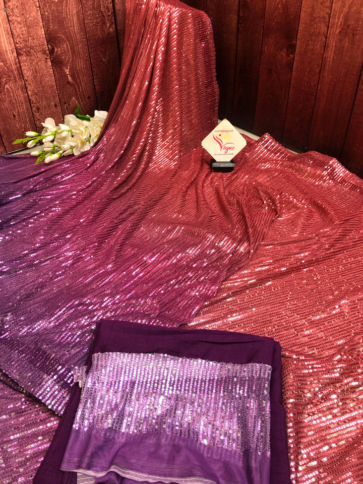 Dark Violet and Peach Brown Color Designer Net Saree with Sequin Weaving