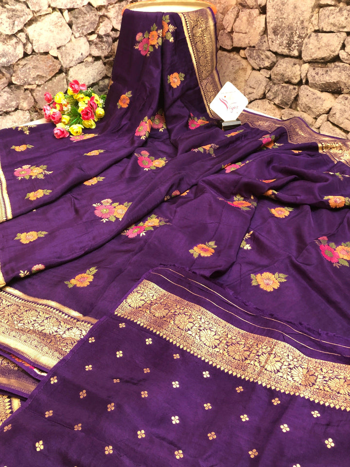 Dark Violet Color Muga Banarasi Saree with Meenakari Work