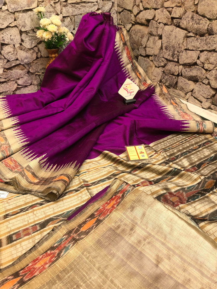 Dark Violet Color Pure Raw Silk Saree with Ikkat Pallu & Border