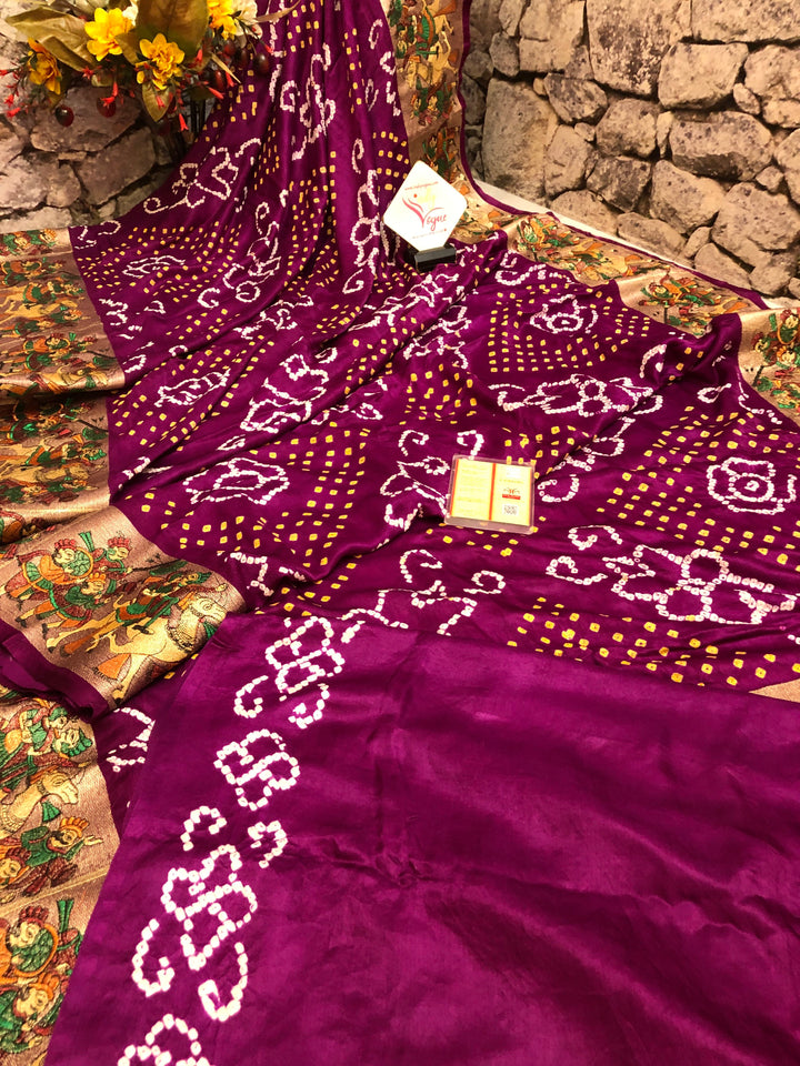 Dark Wine Purple Color Ghazi Silk Gharchola Saree with Hand Bandhej & Zari Embroidery