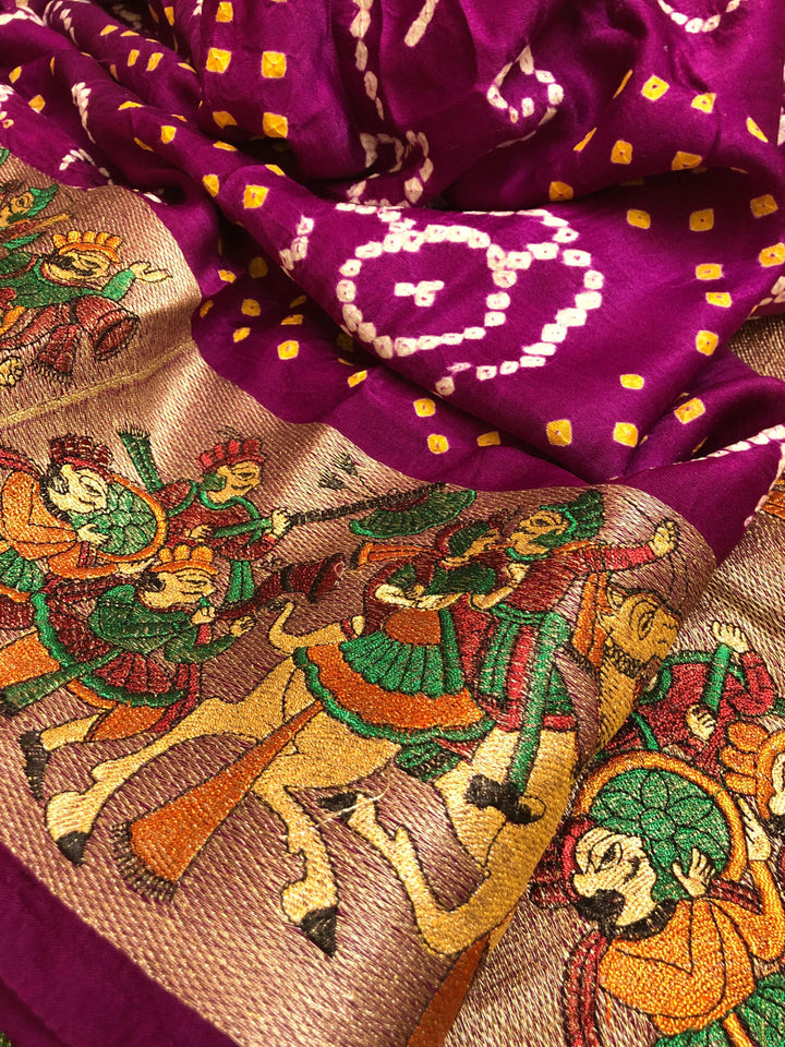 Dark Wine Purple Color Ghazi Silk Gharchola Saree with Hand Bandhej & Zari Embroidery