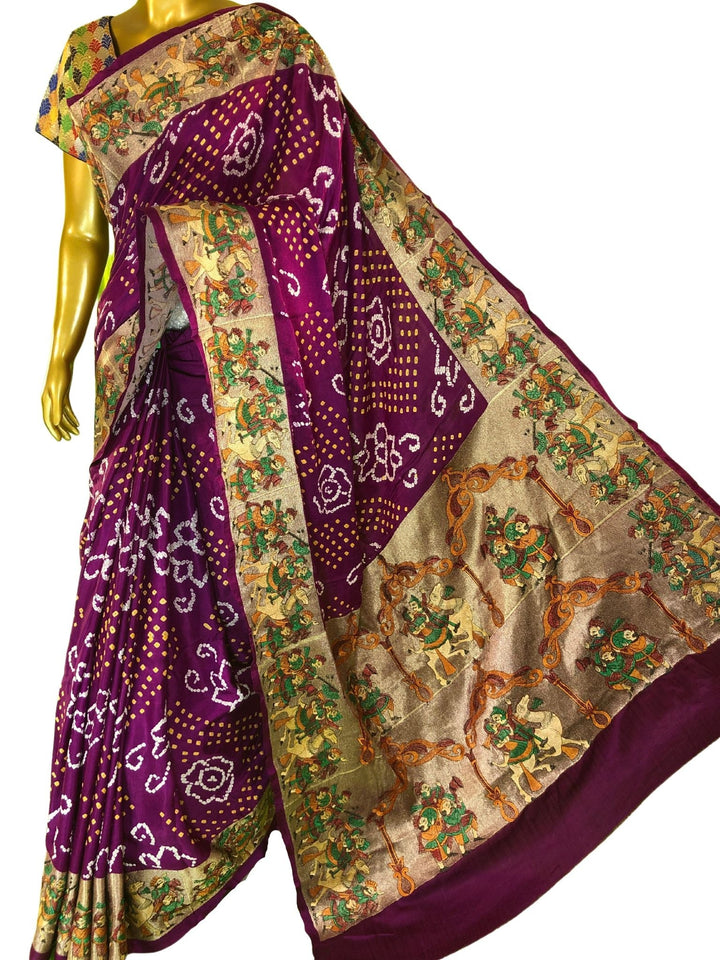 Dark Wine Purple Color Ghazi Silk Gharchola Saree with Hand Bandhej & Zari Embroidery