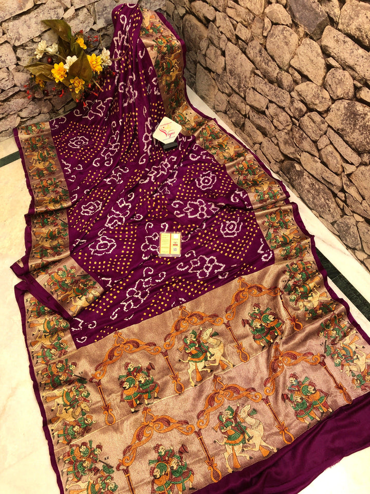 Dark Wine Purple Color Ghazi Silk Gharchola Saree with Hand Bandhej & Zari Embroidery