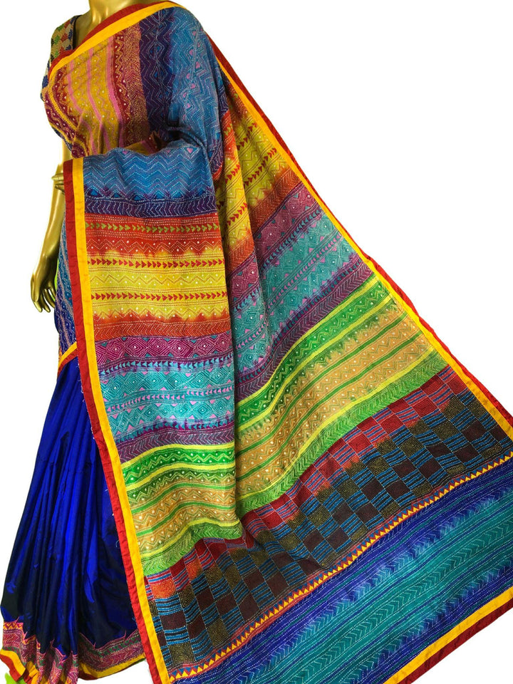 Deep Blue Color Bangalore Silk Saree with Rainbow Hand Kantha Stitch and Patti Border