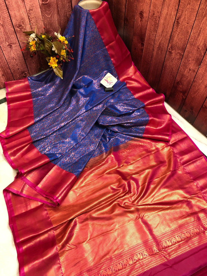 Deep Blue Color Kanjeevaram Silk with Meenakari Brocade Work