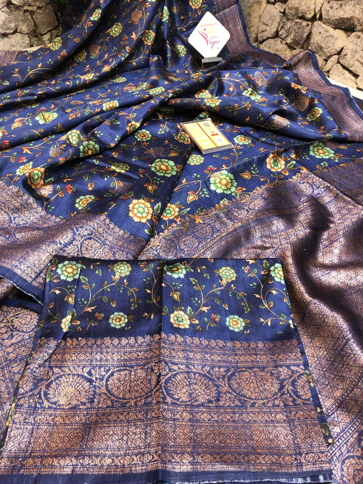 Deep Blue Color Tussar Banarasi with Kalamkari Print