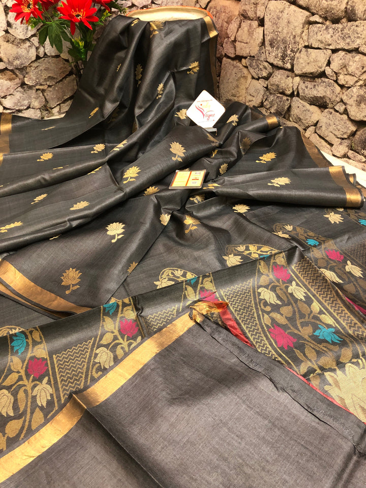 Deep Graphite Color Tussar Silk Saree with Meenakari Pallu