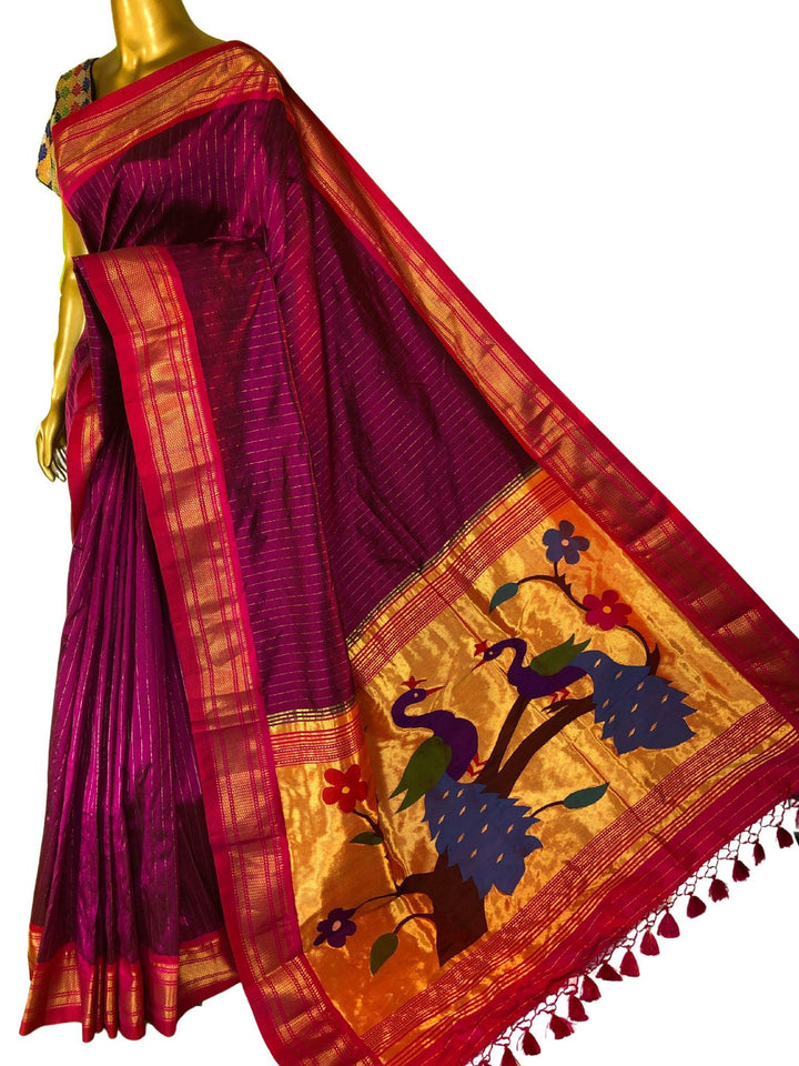 Deep Magenta Color Yeola Paithani Silk Saree with All Over Checks