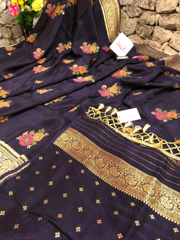 Deep Navy Blue Color Muga Silk Banarasi Saree