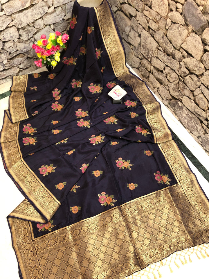 Deep Navy Blue Color Muga Silk Banarasi Saree