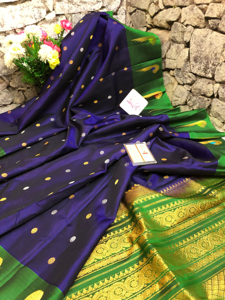 Deep Navy Blue Color Pure Gadwal Silk Saree