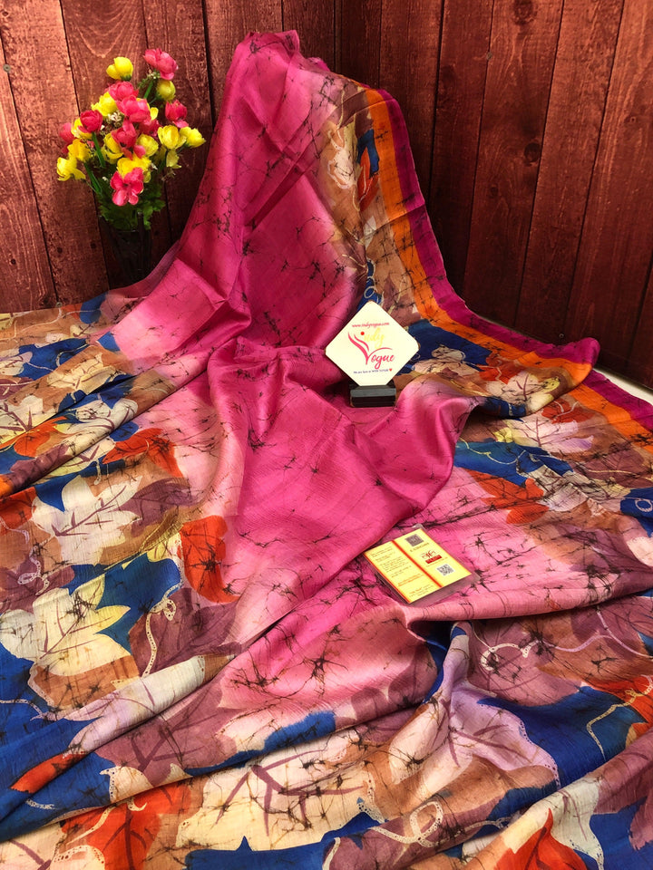 Deep Pink Color Bishnupur Silk Saree with Hand Batik