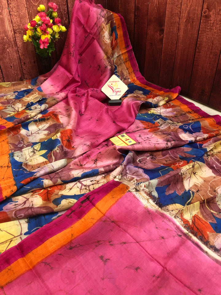 Deep Pink Color Bishnupur Silk Saree with Hand Batik