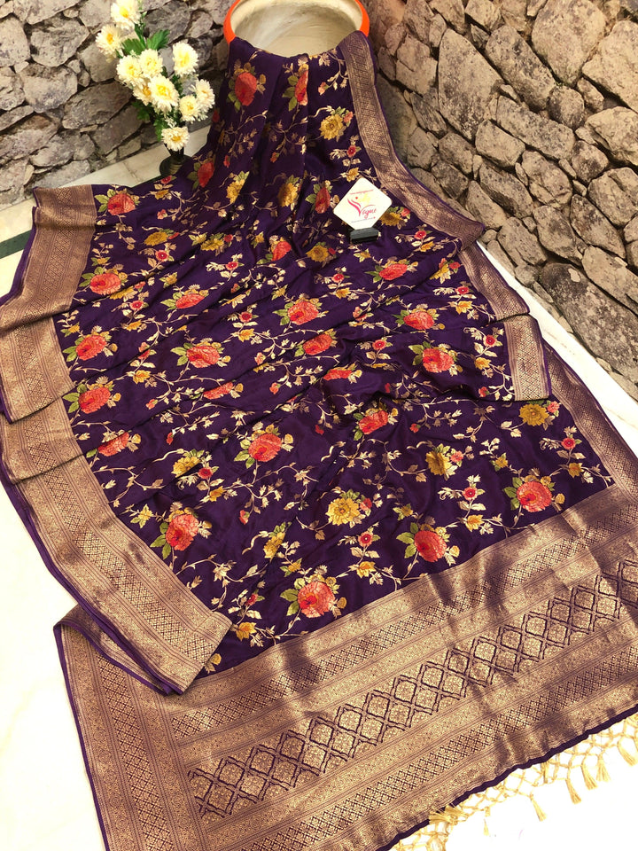 Deep Purple Color Designer Muga Silk Banarasi Saree with Allover Jaal Work