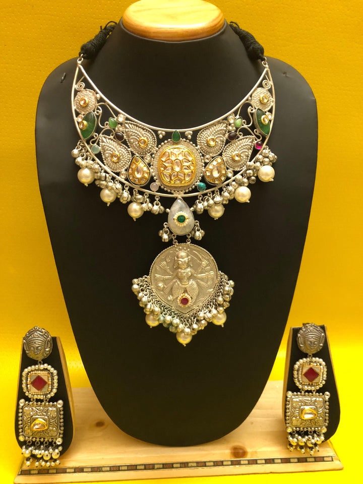 Designer 92.5 Silver Polish Pachi Kundan High Collared Necklace Set with Hyderabadi Pearl and Curved Monalisa Stone Work
