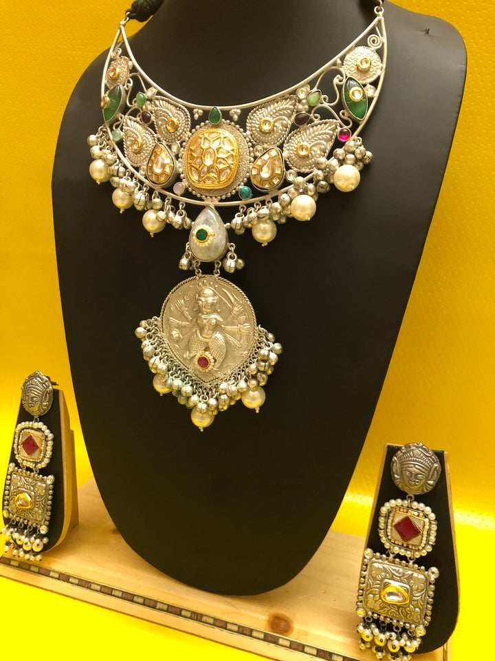 Designer 92.5 Silver Polish Pachi Kundan High Collared Necklace Set with Hyderabadi Pearl and Curved Monalisa Stone Work