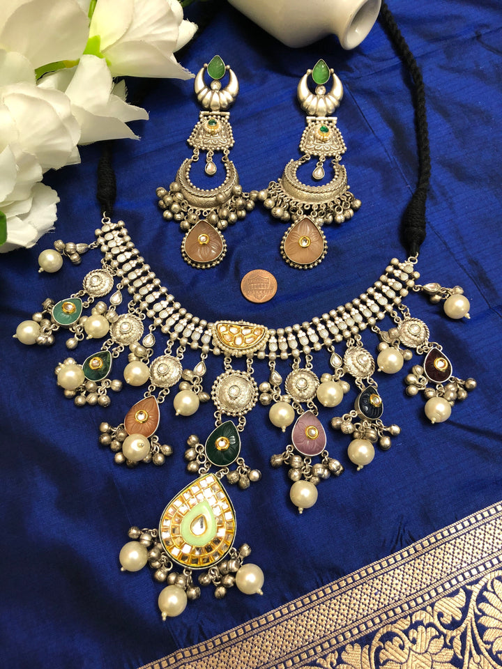 Designer 92.5 Silver Polish Pachi Kundan Necklace Set with Hyderabadi pearl and Curve Stone Work