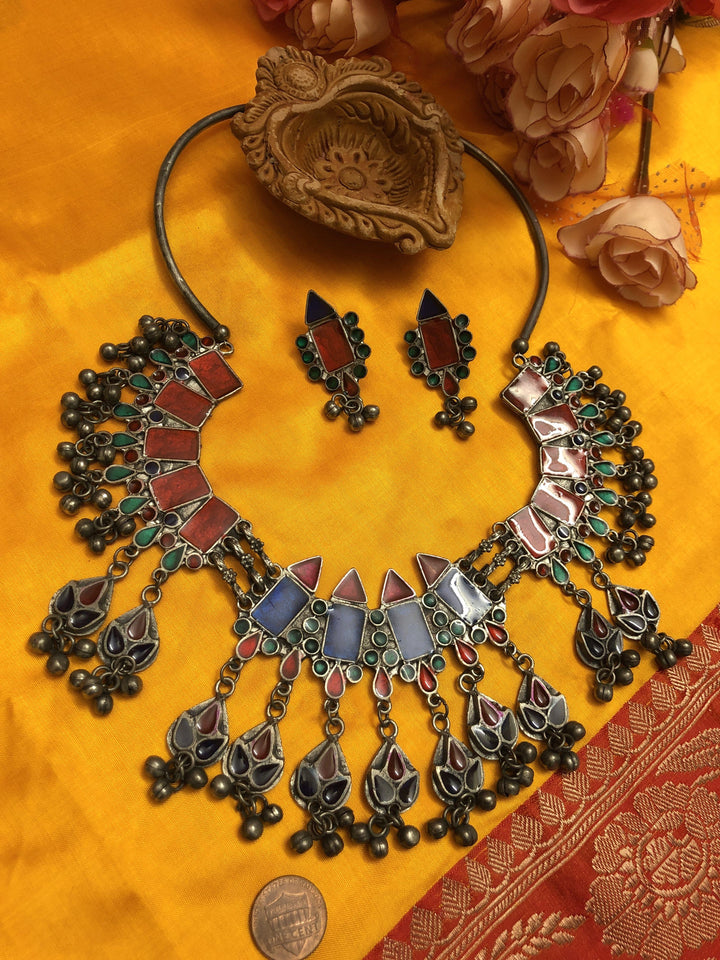 Designer Long Haul Afghan Necklace Set with Black Polish