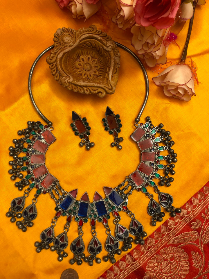 Designer Long Haul Afghan Necklace Set with Black Polish